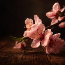 Peach blossoms in pale pink on a bare branch