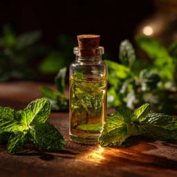 Peppermint leaves and oil droplets on a dark background