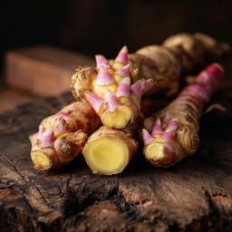 Thai ginger (galangal) sliced to reveal pale interiors