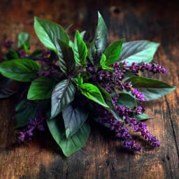 Thai basil leaves with deep green and purple stems