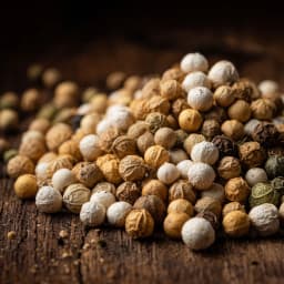 White peppercorns with a pale, earthy texture