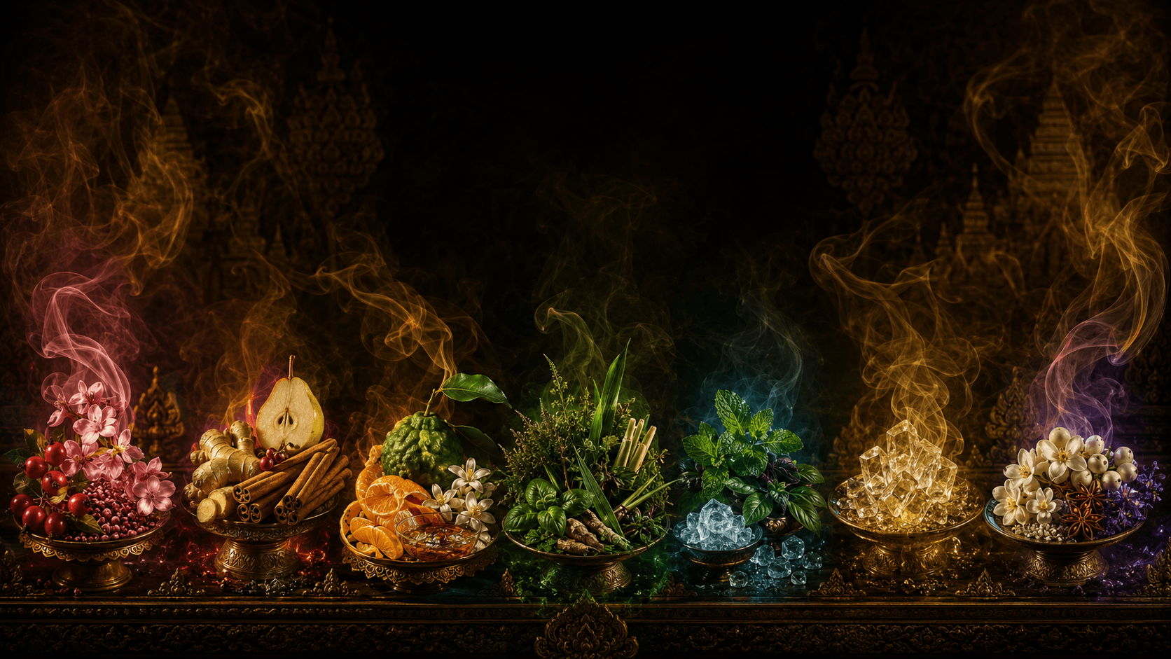 Seven Smiling Tiger Thai herbal inhaler scents arranged on a dark gold surface