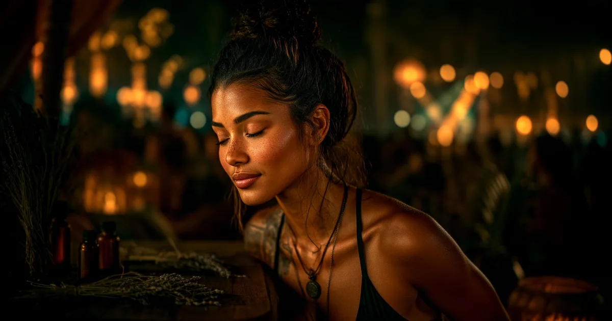 A woman leaning in with her eyes closed to breathe in dried lavender and small amber oil bottles on a wooden table