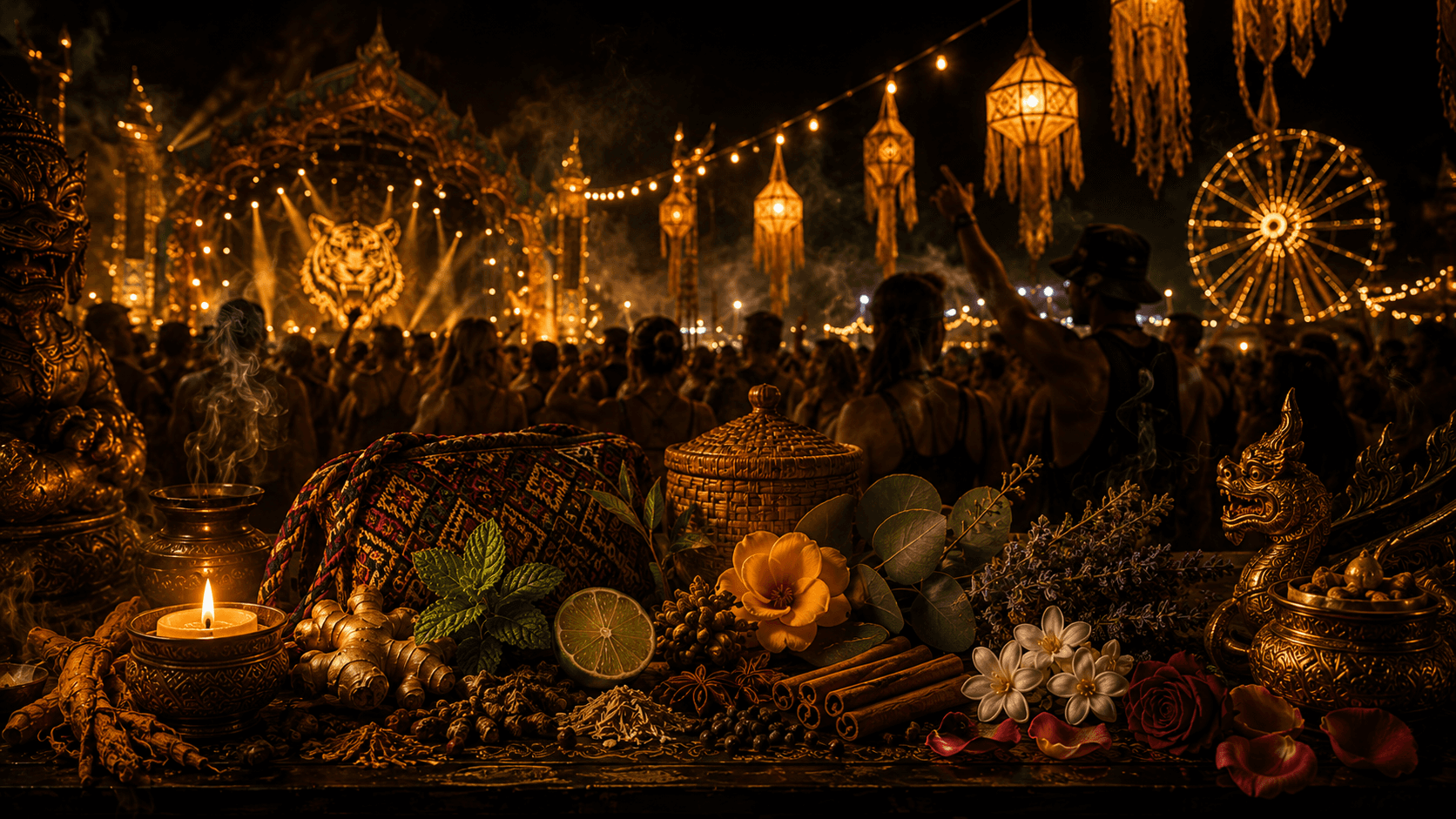 Festival-goer holding a Tom Yam Yadom Thai herbal inhaler in a crowd at dusk