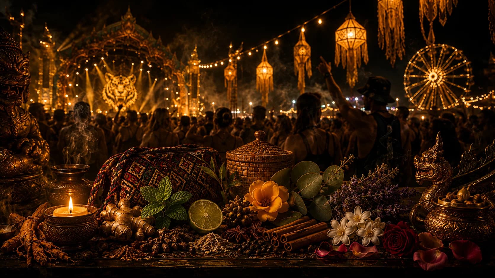 Festival-goer holding a Tom Yam Yadom Thai herbal inhaler in a crowd at dusk
