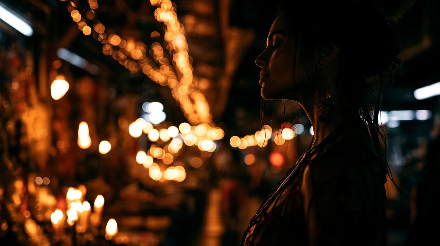 A woman in profile at a Thai night market, eyes closed, in warm golden lantern light