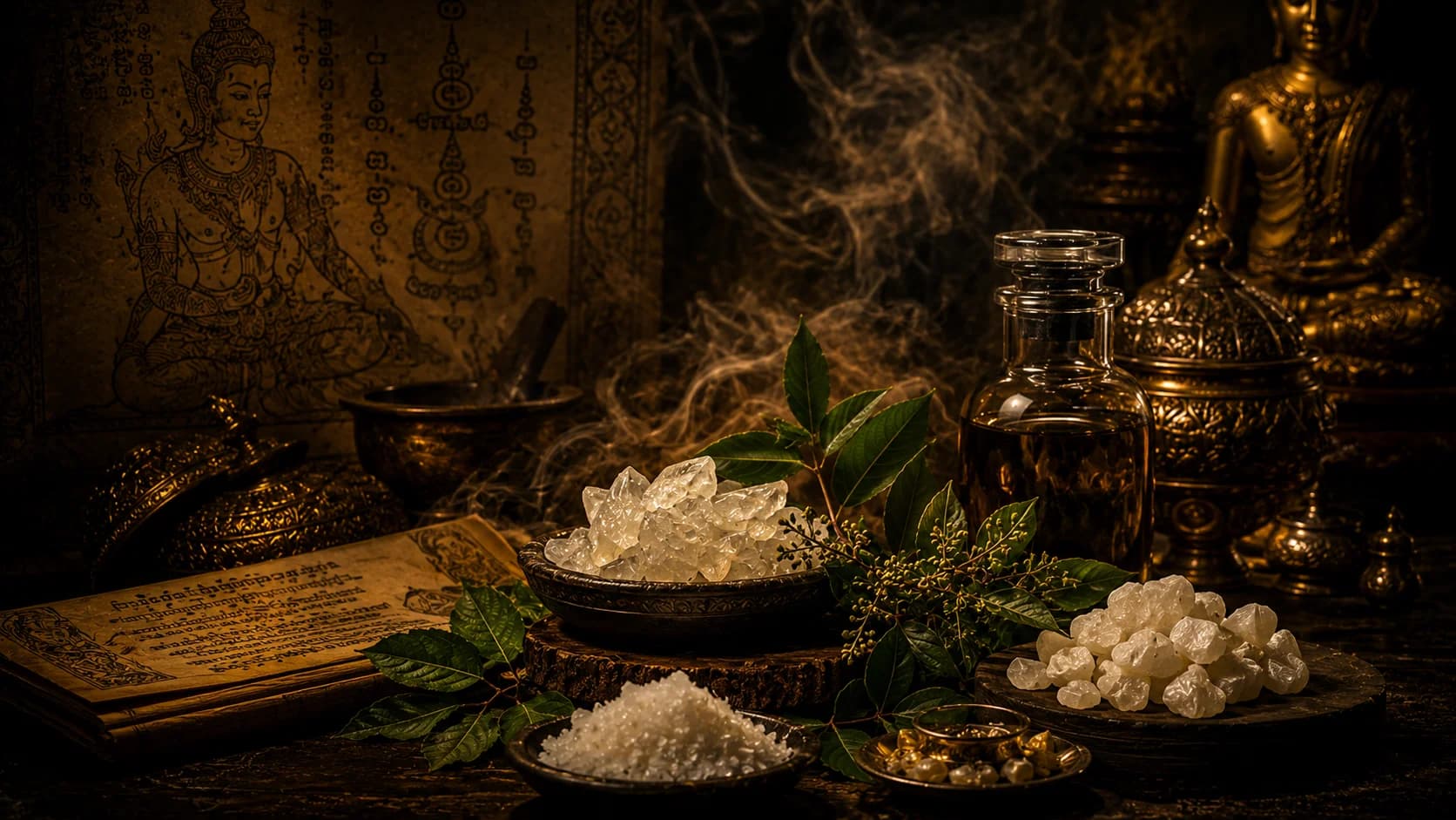 Borneol crystals and aromatic herbs used in Thai herbal inhaler blends