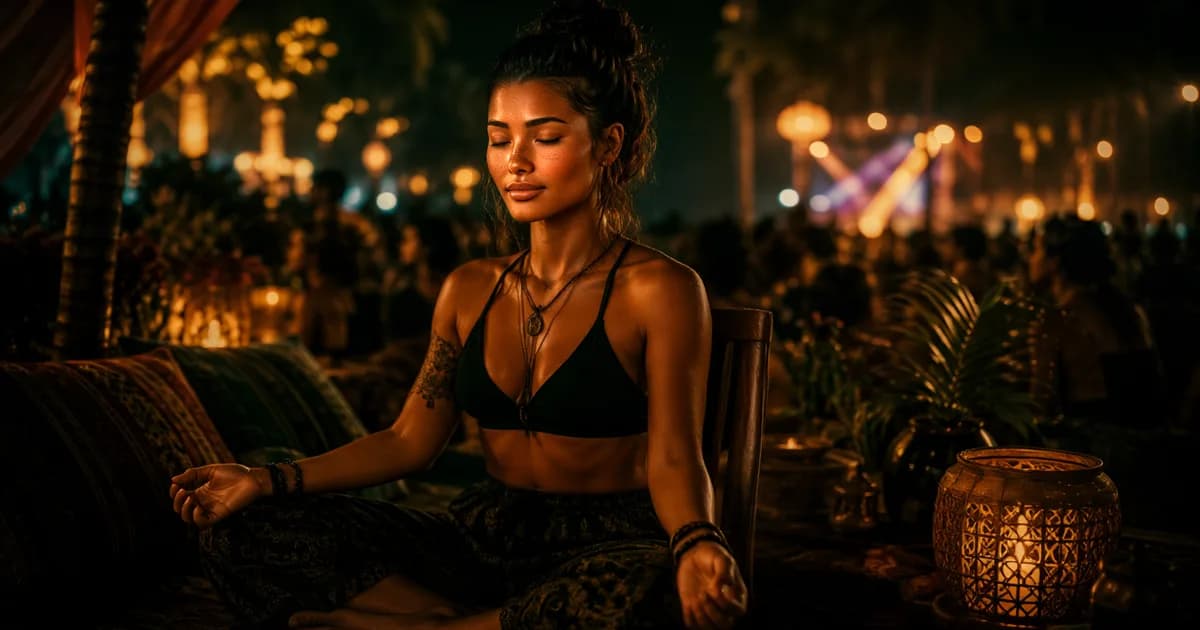 A woman sitting cross-legged and barefoot with her eyes closed and palms resting open on her knees, grounding herself in warm lantern light