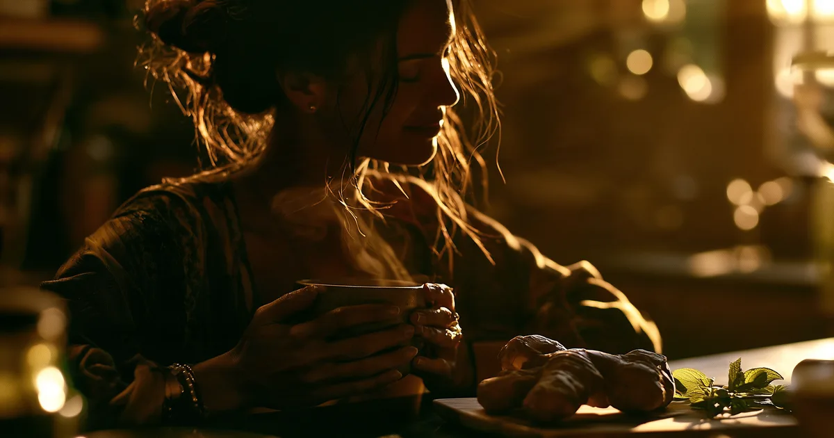Woman holding a warm cup of ginger tea with her eyes closed, a calm natural nausea remedy at home