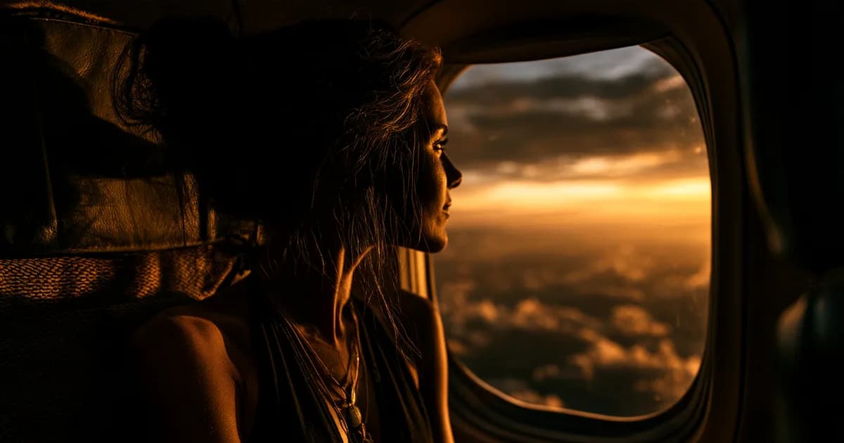 A woman in a window seat looking out at the horizon above the clouds at sunset
