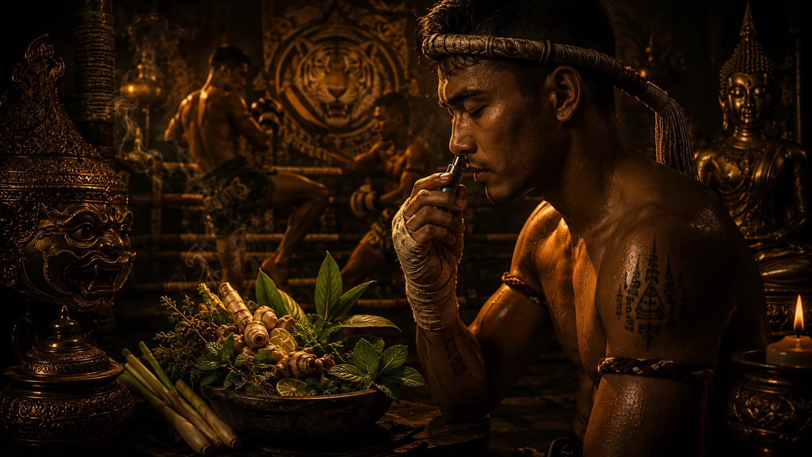 Muay Thai fighter using a Thai herbal inhaler for recovery and focus at ringside