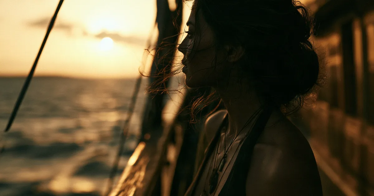 A woman in profile on the deck of a boat at sunset, looking out across the water toward the horizon with the wind in her hair