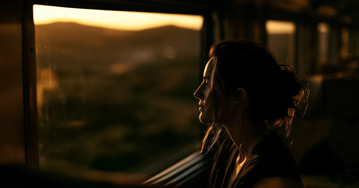 Woman resting by a train window and watching the horizon, a calm approach to travel nausea