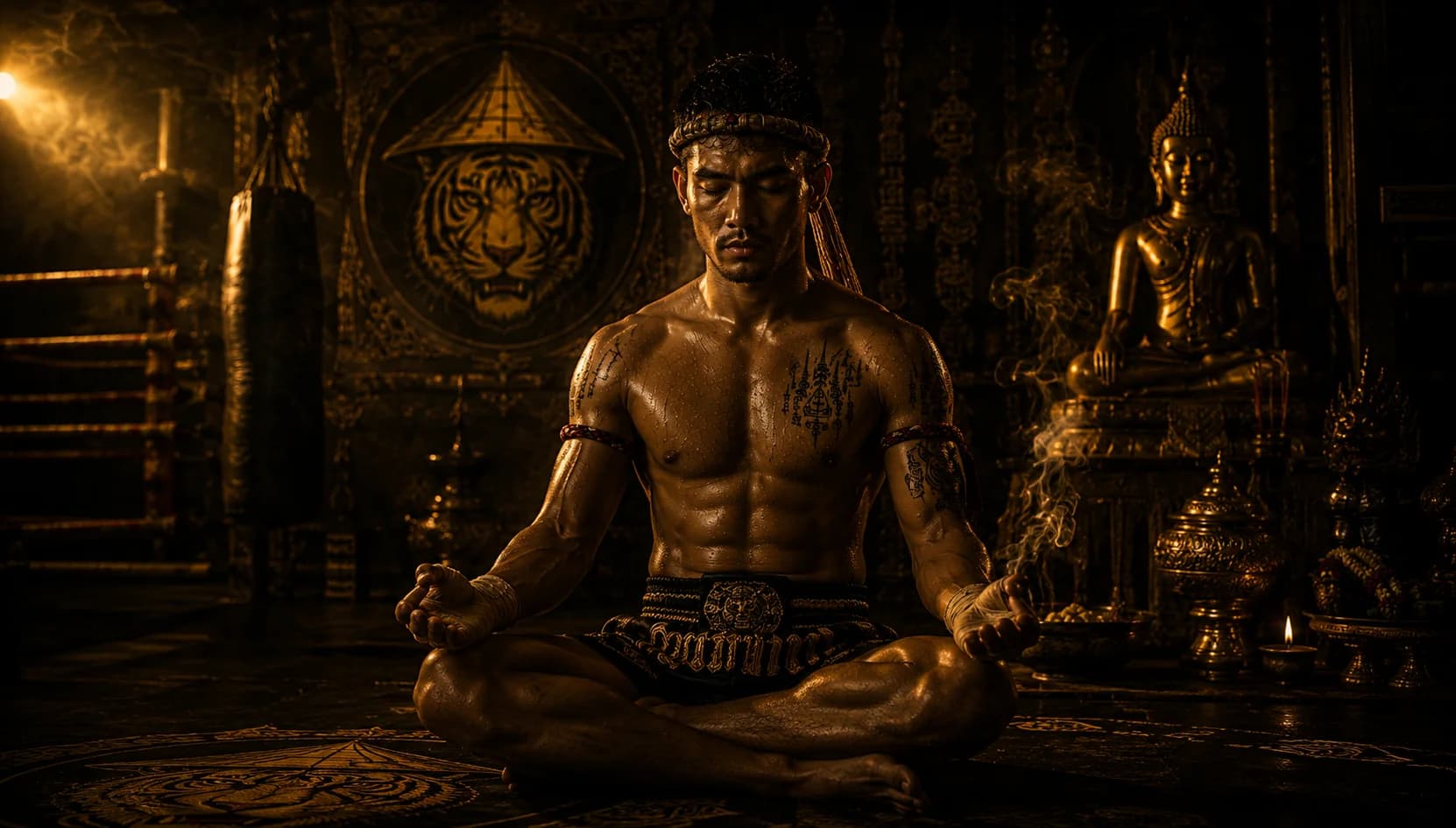 Combat athlete using a Thai herbal inhaler for pre-fight breathing and focus