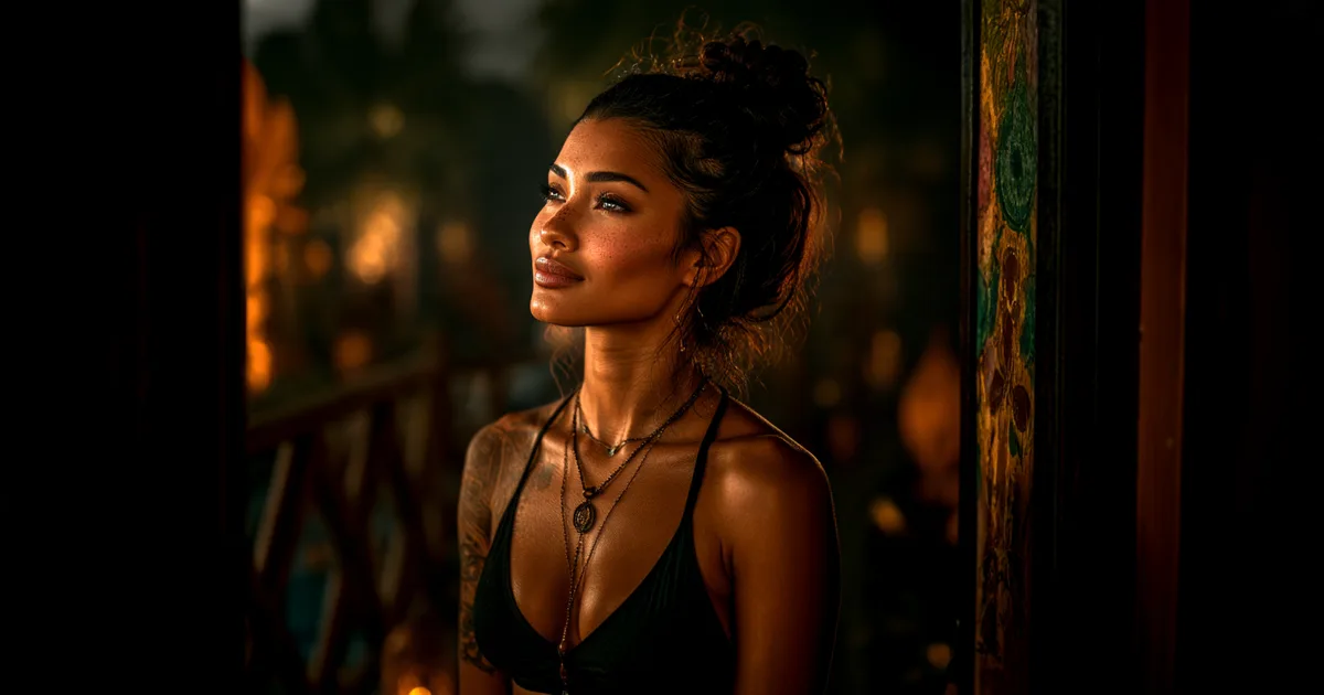 A woman pausing in an open doorway at golden hour, looking out as she takes a slow steadying breath