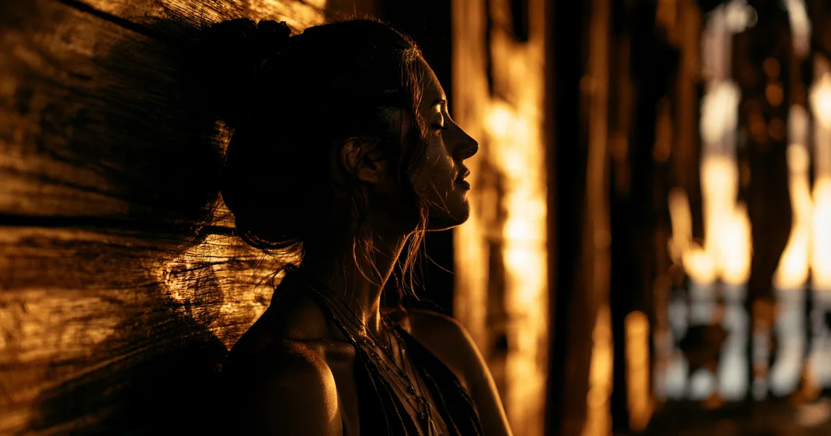 A woman resting her head back against a wooden wall with her eyes closed, keeping still in warm golden light while a wave passes