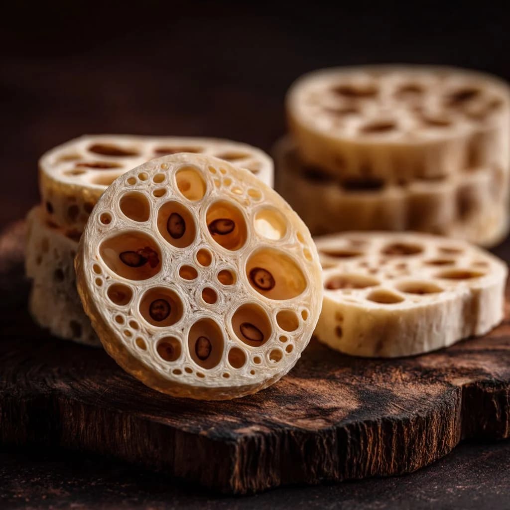 Sliced lotus root showing its delicate pattern