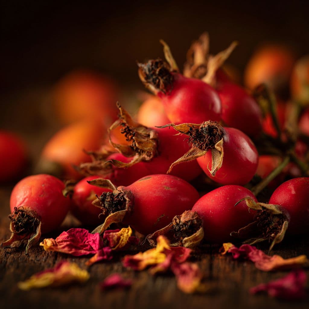 Rose hips with deep red-orange skins