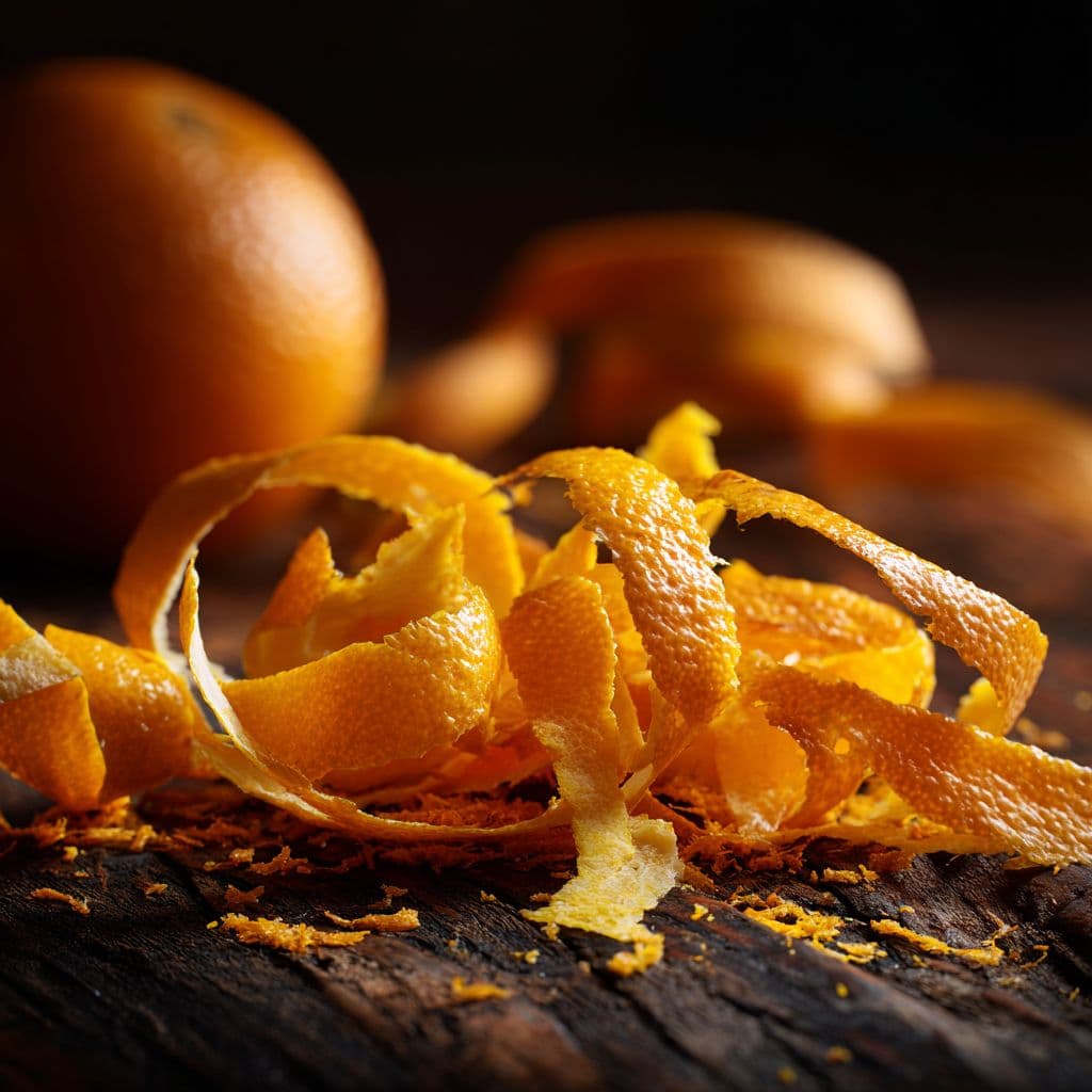 Bright tangerine zest curled into fine ribbons