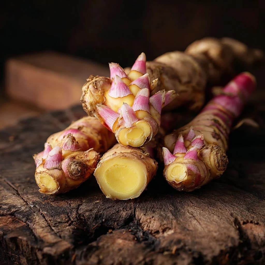 Thai ginger (galangal) sliced to reveal pale interiors