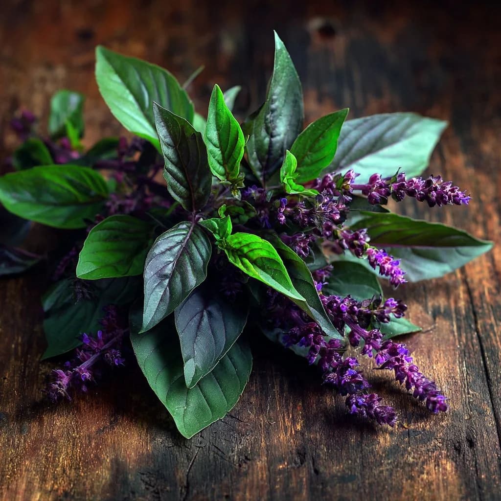 Thai basil leaves with deep green and purple stems